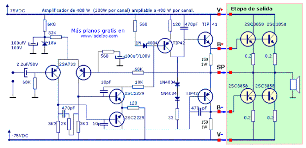 plano del circuito del amplificador de 400 W 