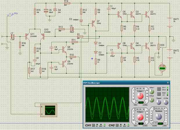 Simulación en Proteus del amplificador de 400 W. Pulse para ampliarla. 