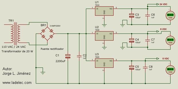 Fuente de poder triple 24 VDC, 9 VDC y 5 VDC