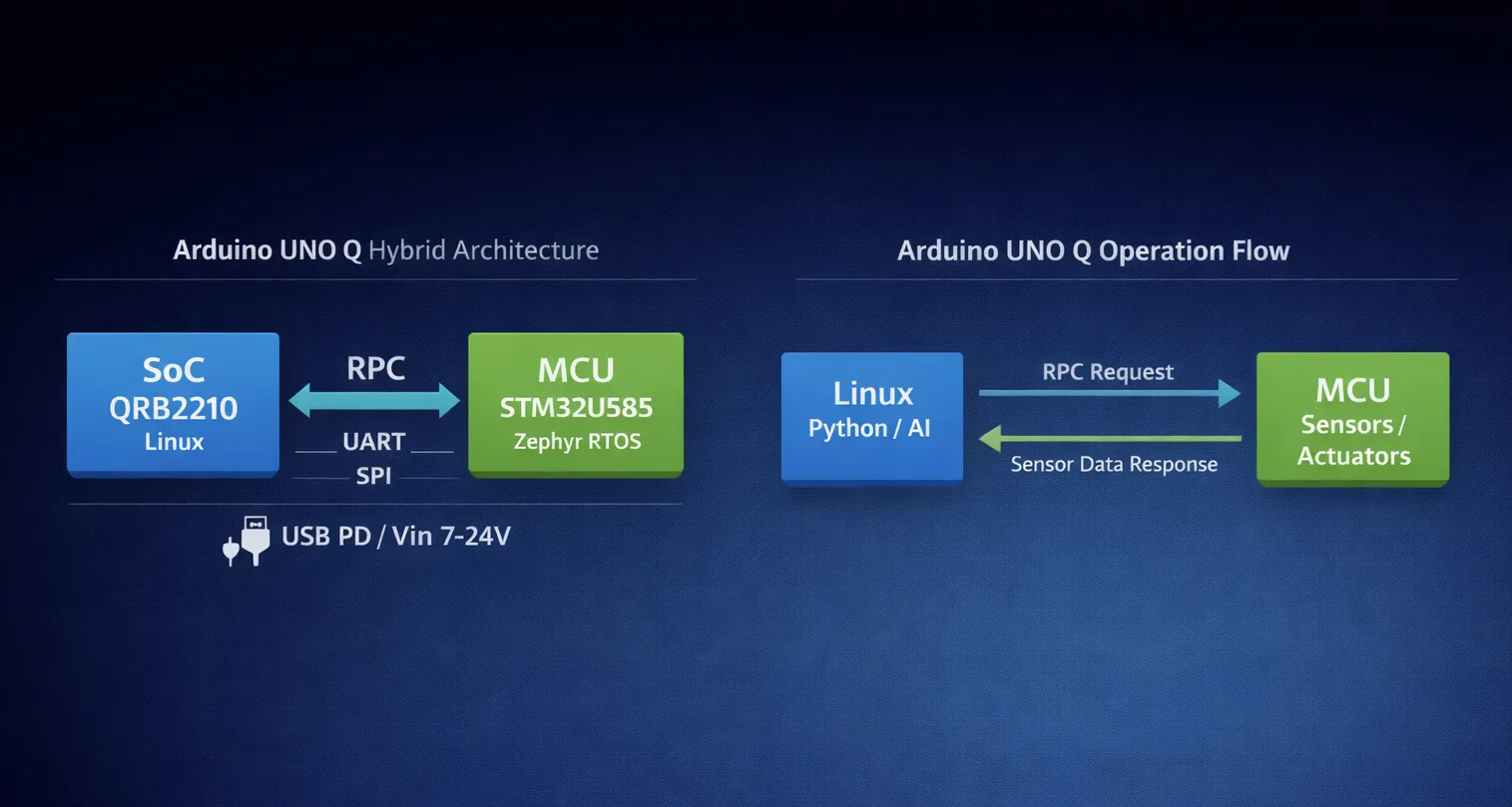 Arquitectura híbrida del Arduino UNO Q con SoC Linux y MCU STM32U585 comunicados por RPC